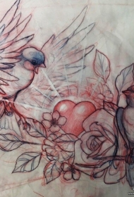 欧美小鸟巢心形玫瑰纹身图案手稿