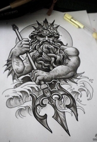 欧美黑灰波塞冬海神纹身图案手稿