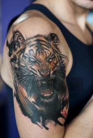手臂彩色的3D咆哮恶魔老虎纹身图案