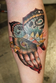 小腿抽象风格的彩色蝴蝶翅膀和眼睛手纹身图案