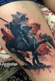 大腿抽象风格彩色的骷髅战士纹身图案