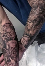 手臂写实家人肖像与国王狮子纹身图案