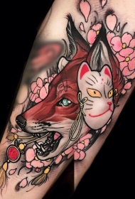 小臂彩绘花蕊面具狐狸纹身图案