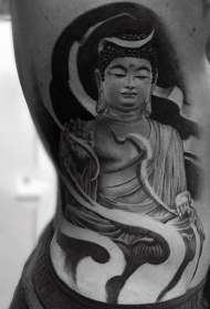 侧肋3D黑灰如来佛祖雕像纹身图案