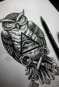 欧美猫头鹰上帝之眼钥匙纹身图案手稿