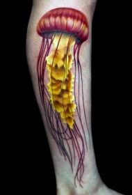 非常逼真的3D五彩水母小腿纹身图案