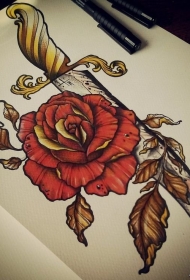 欧美风彩色玫瑰匕首纹身图案手稿