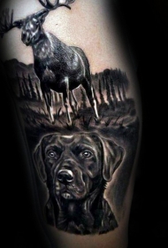 惊人的黑白狗和大麋鹿手臂纹身图案