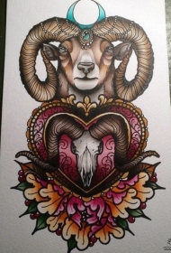 欧美羊头牡丹花卉纹身图案手稿