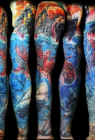 令人惊叹的彩绘3D章鱼与现代海军船手臂纹身图案