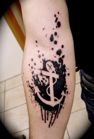 手臂黑白新风格的船锚纹身图案