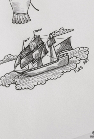 欧美帆船云朵线条纹身图案手稿