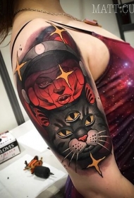 手臂现代风格的彩色猫与外星人纹身图案