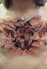 胸部惊人的3D心脏和撕皮纹身图案