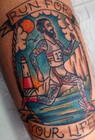 old school跑步的人和字母彩绘手臂纹身图案