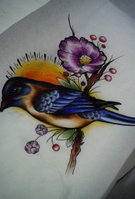欧美school鸟花蕊纹身图案手稿
