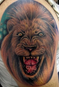 彩色狮子头像3D大臂纹身图案
