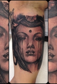 手臂黑色的亚洲女性肖像纹身图案