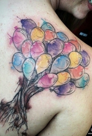 背部泼墨彩色气球树纹身图案