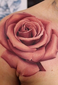 肩部粉红色的玫瑰3D写实纹身图案