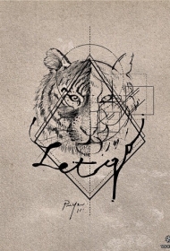 老虎头像几何线条字母纹身图案手稿