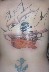 海盗船和蓝色船锚纹身图案