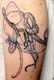 素描风格彩色线条章鱼和鲸鱼手臂纹身图案