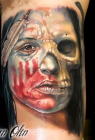 插画风格的彩色印度半女人半骷髅肖像手臂纹身图案