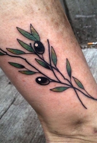 小清新橄榄树枝彩色脚踝纹身图案