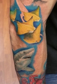 逼真的鲨鱼和其他海底动物彩色手臂纹身图案