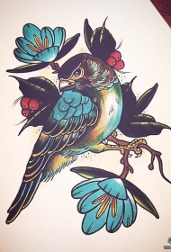 欧美new school鸟花蕊彩色纹身图案手稿