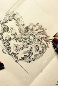 点刺浪花海螺纹身图案手稿