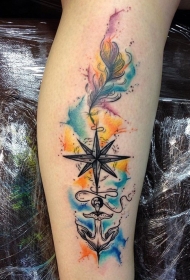 航海主题的五彩泼墨船锚小腿纹身图案