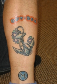 小腿船锚花朵和日本俚语纹身图案
