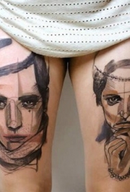 大腿抽象素描风格的男女肖像纹身图案