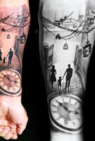 手臂3D逼真的彩色时钟与人像纹身图案