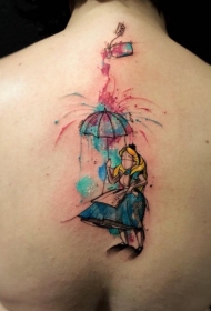 背部抽象风格的彩色爱丽丝仙境主题纹身图案