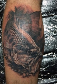 3D写实的黑色大鱼小腿纹身图案