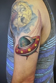 手臂卡通彩色的外星飞船和月亮纹身图案