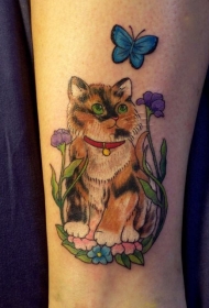 脚踝可爱的猫和蝴蝶花朵彩色纹身图案