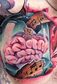胸部3D风格彩色大脑和音乐笔记纹身图案
