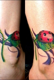 3D逼真可爱的瓢虫和绿叶脚踝纹身图案
