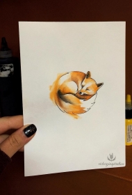 水彩泼墨可爱的狐狸纹身图案手稿