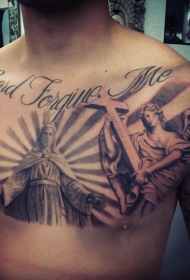 胸部耶稣和十字架天使纹身图案