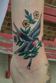 手臂漂亮的彩色燕子与小花经典纹身图案