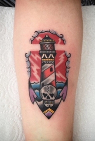 小臂航海风格的彩色灯塔船锚与骷髅纹身图案