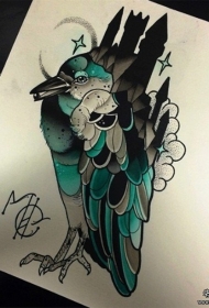 欧美school鸟城堡星星纹身图案手稿