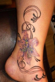 彩色的百合花与藤蔓脚踝纹身图案