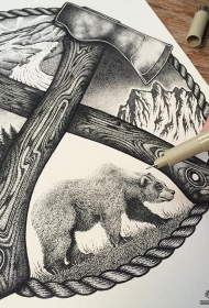 欧美点刺斧头熊纹身图案手稿