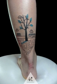 脚踝美丽的小迷宫和树纹身图案